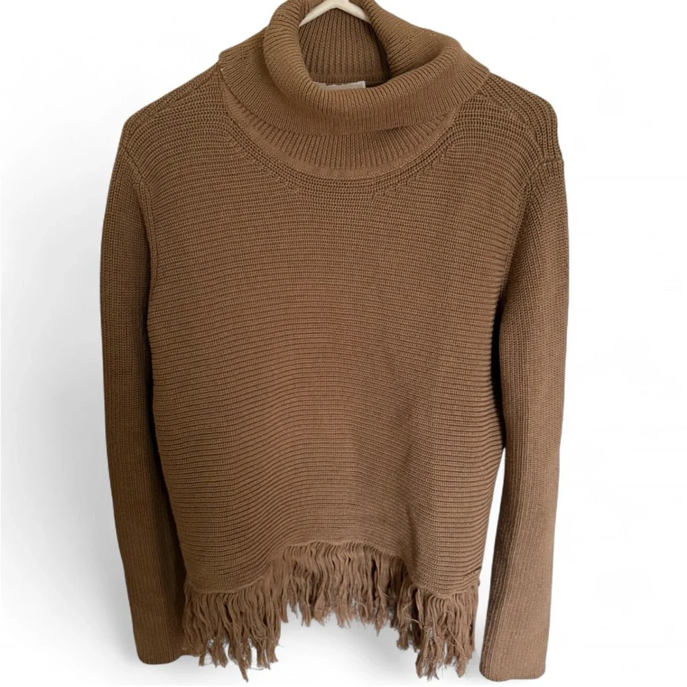 Camel Michael Kors Knit Turtle Neck Fringe Bottom Pullover Sweater Boho Size L - Picture 2 of 11